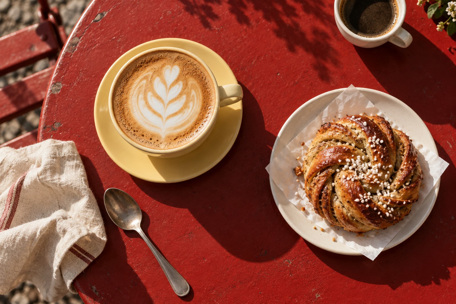 Cappuccino og en gyllen kardemommeknute på et solfylt rødt kafébord